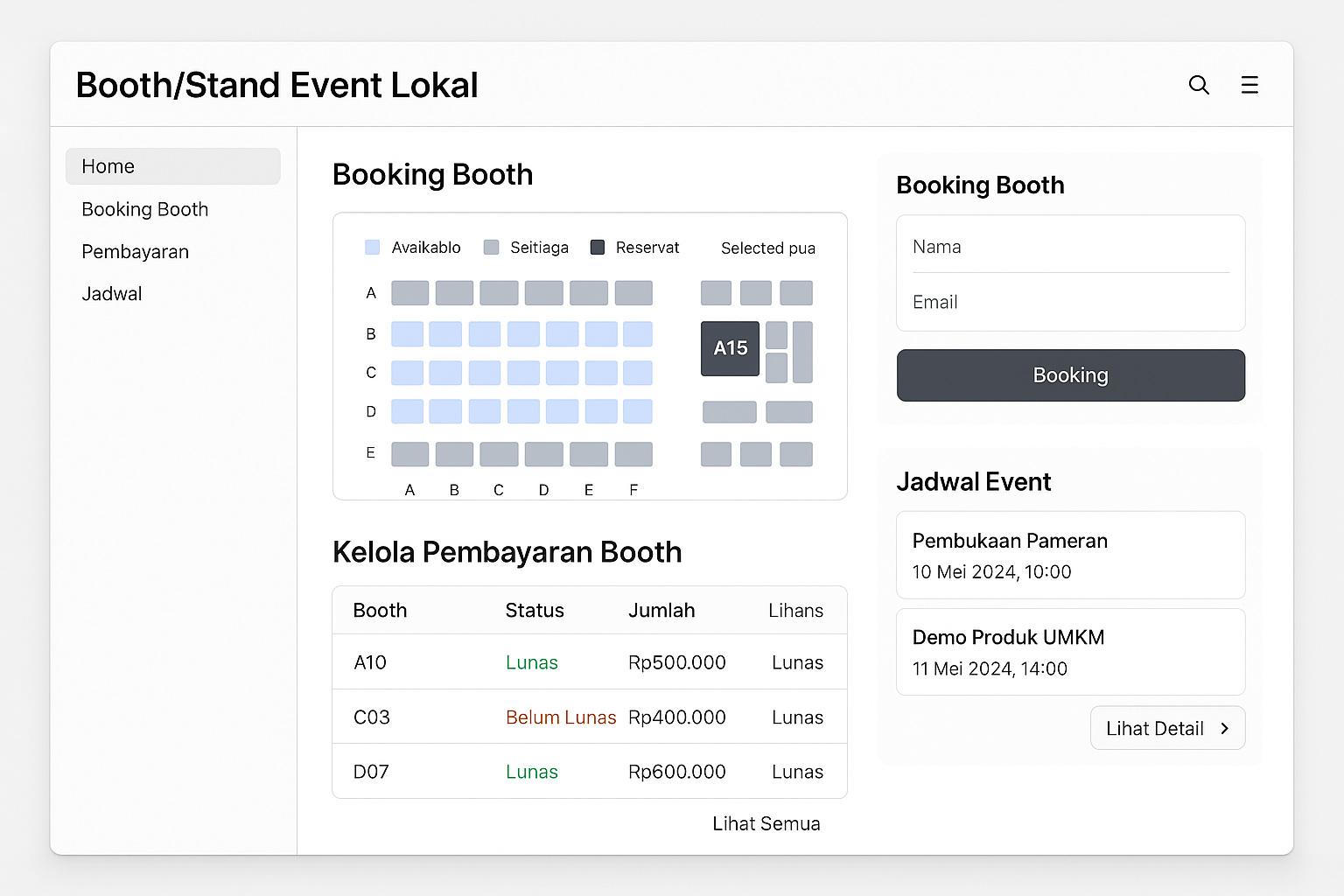Dashboard aplikasi manajemen booth event lokal untuk pantau status booth dan pembayaran