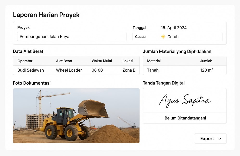 aplikasi laporan harian proyek dengan alat berat