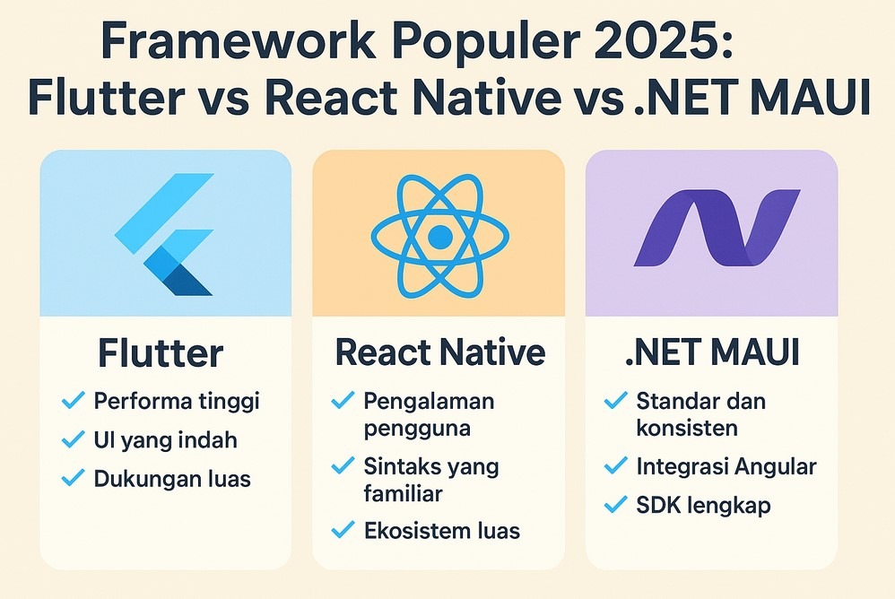 framework populer 2025 Flutter React Native .NET MAUI infografis modern